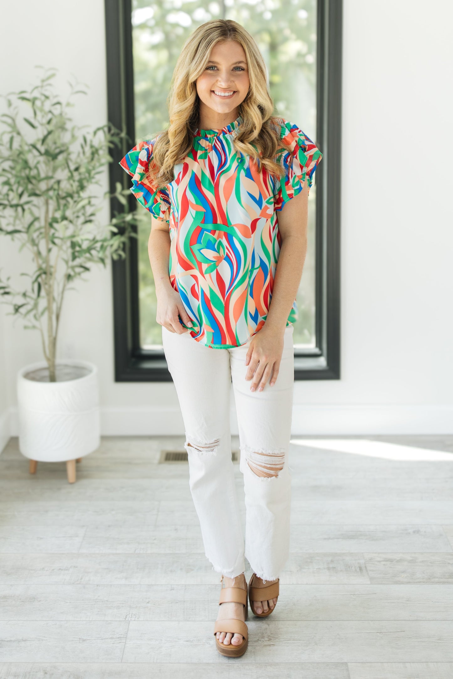 Abstract Floral Ruffled Top *Final Sale*