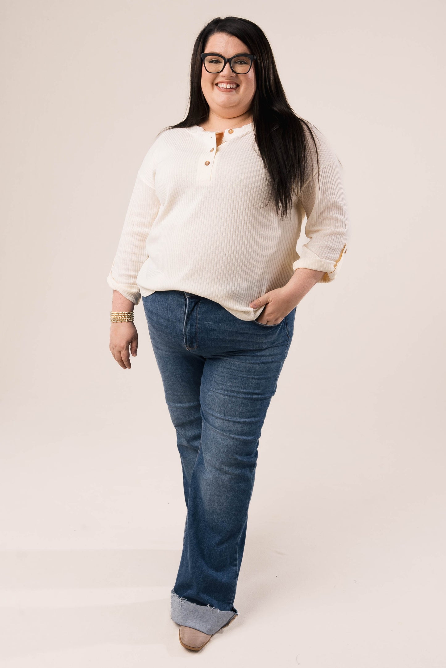 Ribbed Tab Sleeve Henley Top