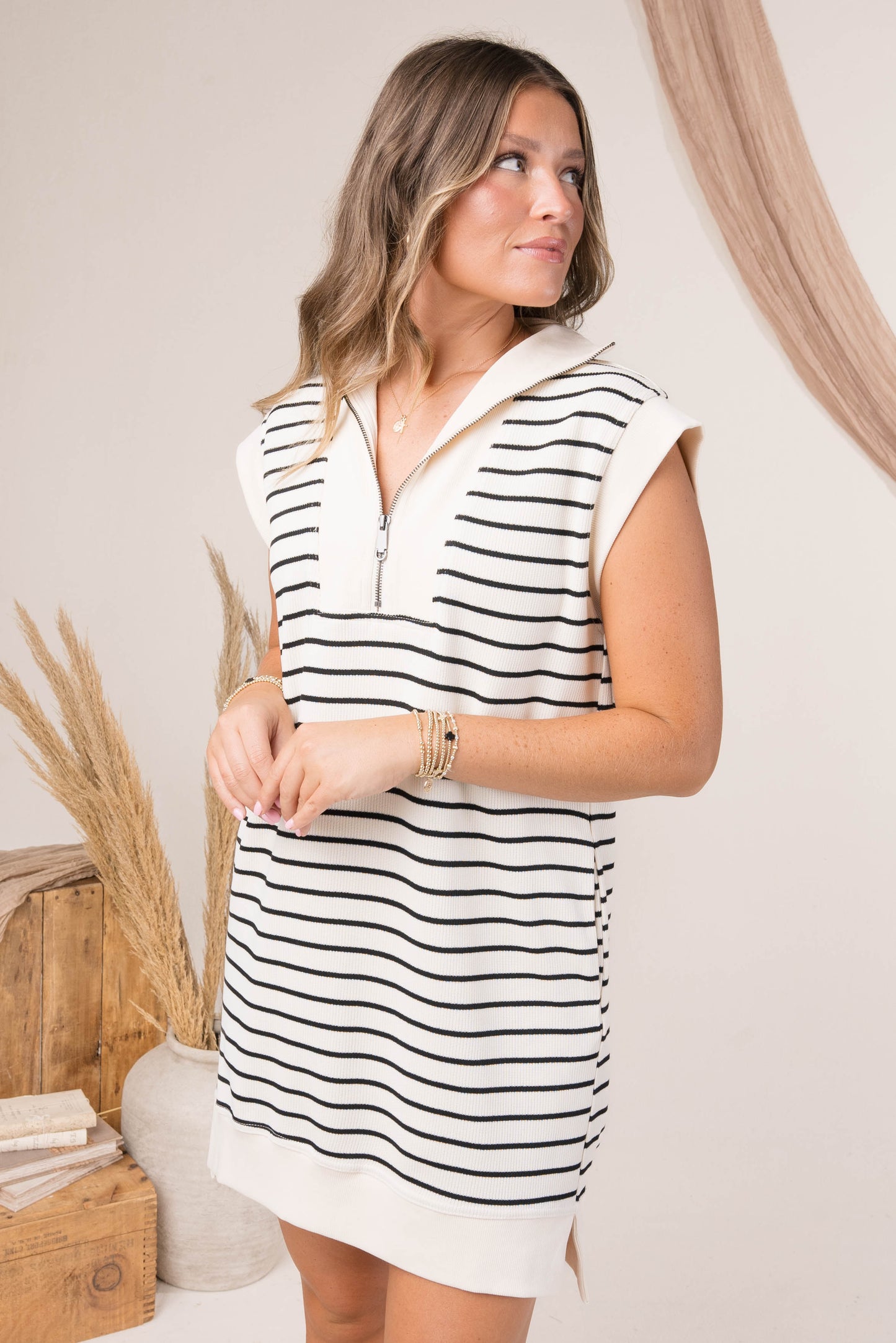 Stripe Knit Quarter Zip Dress