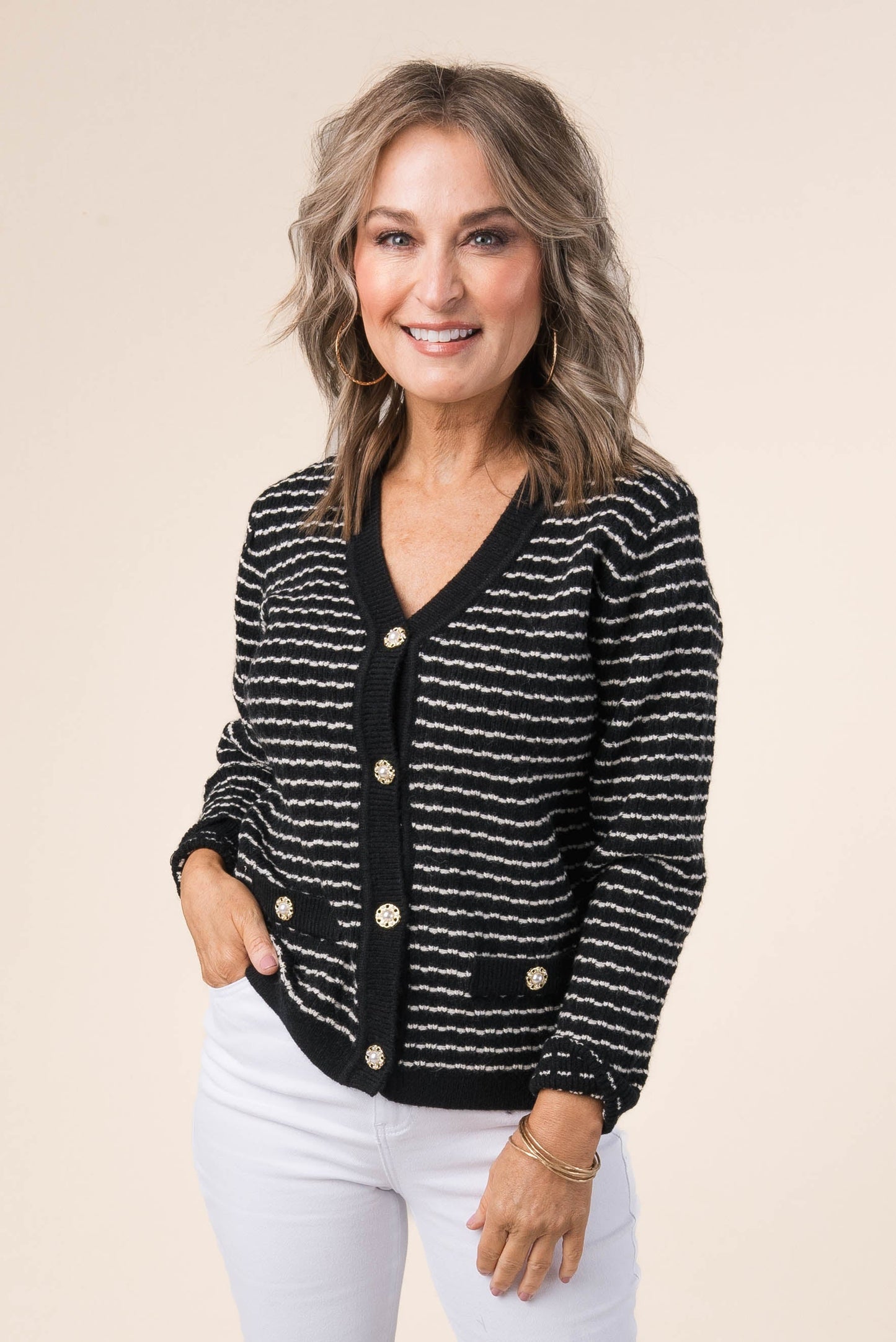 Striped Knit Pearl Button Cardigan