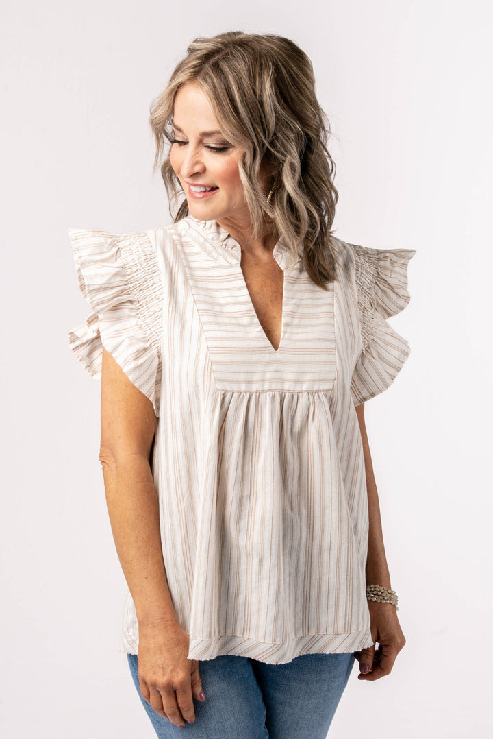 Striped Smocked Ruffle Shoulder Top *Final Sale*