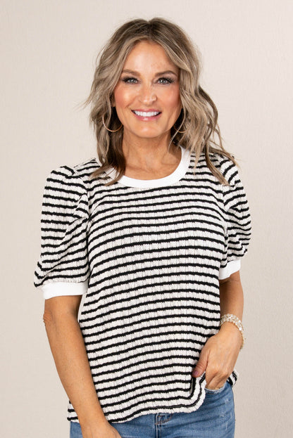 Striped Knit Puff Sleeve Sweater