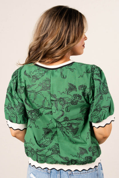 Floral Embroidered Ruffle Trim Top
