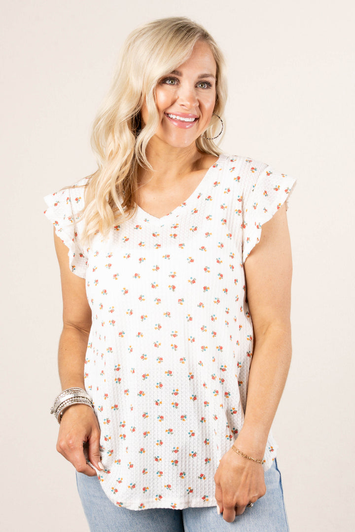 Ditsy Floral Ruffle Shoulder Top