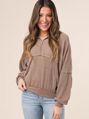 Ribbed Half Zip Hooded Top