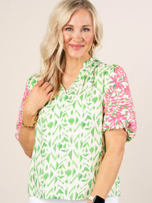Abstract Embroidered Sleeve Top in Green