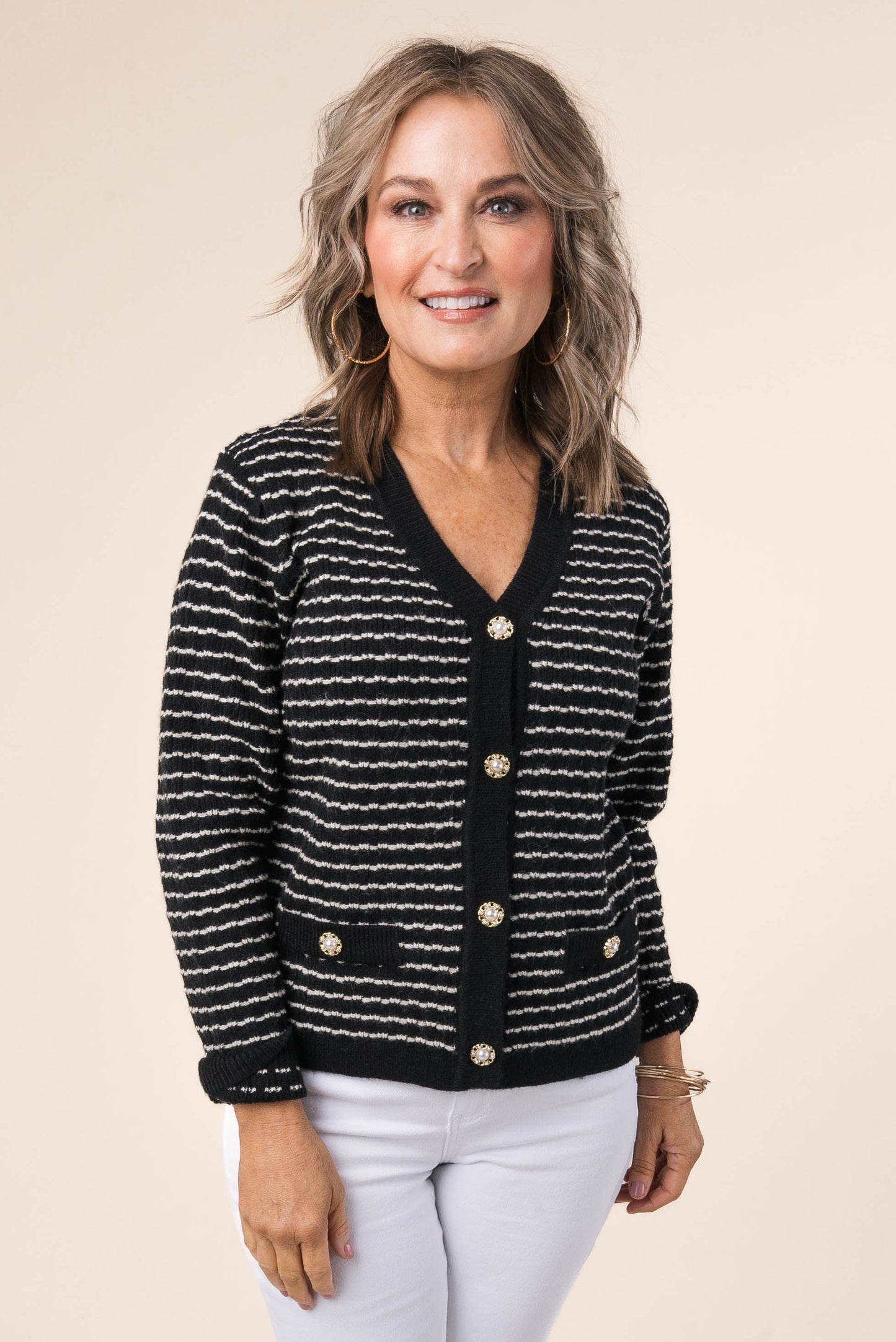 Striped Knit Pearl Button Cardigan
