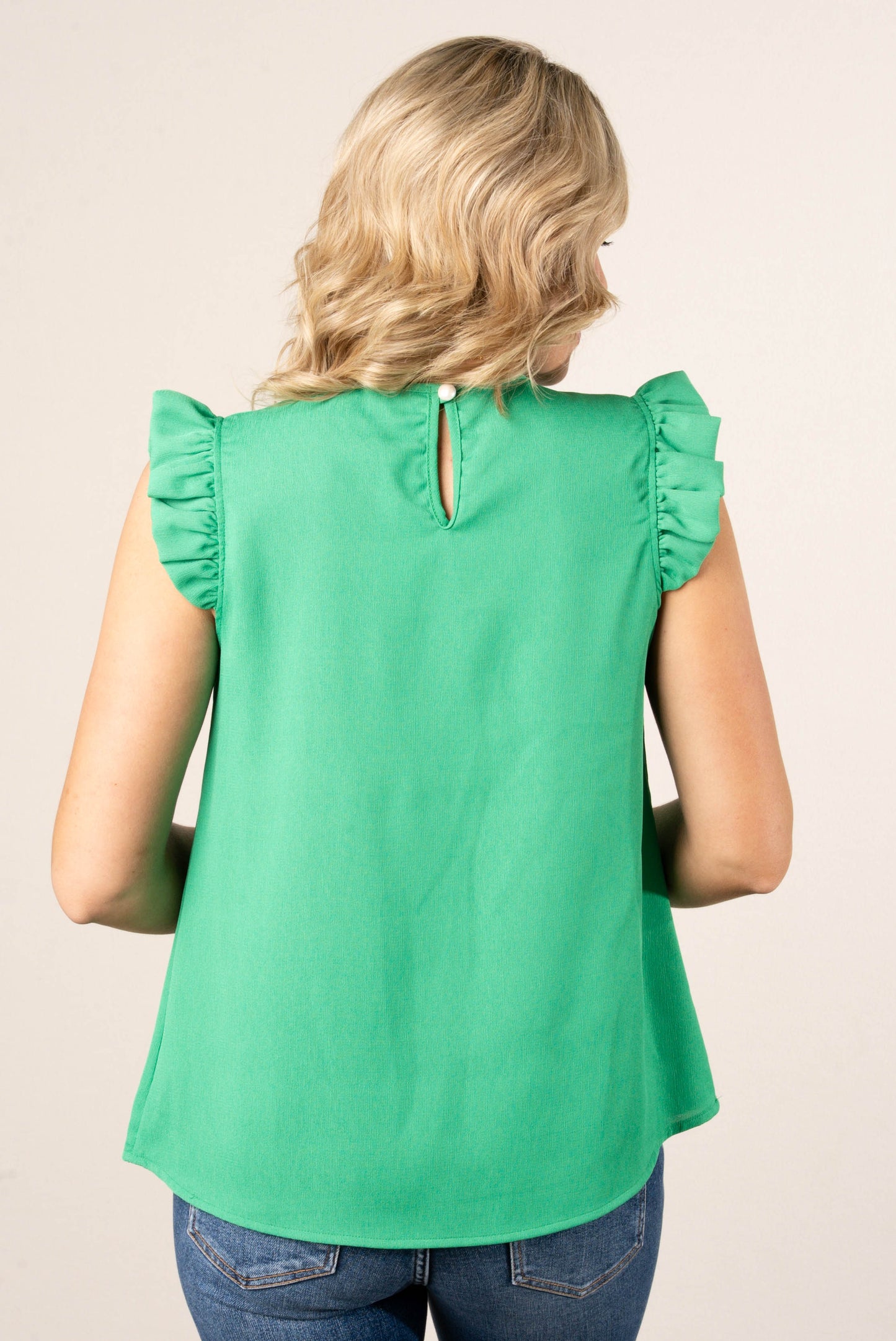 Pleat Neck Ruffle Shoulder Top