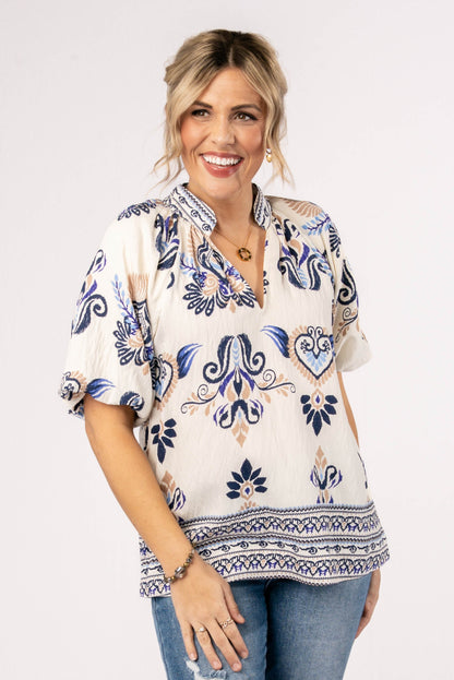 Mixed Print Stand Collar Blouse
