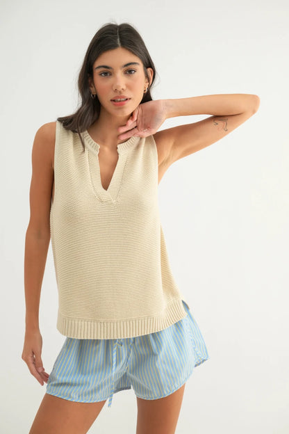 Rib Knit Split Neck Sweater