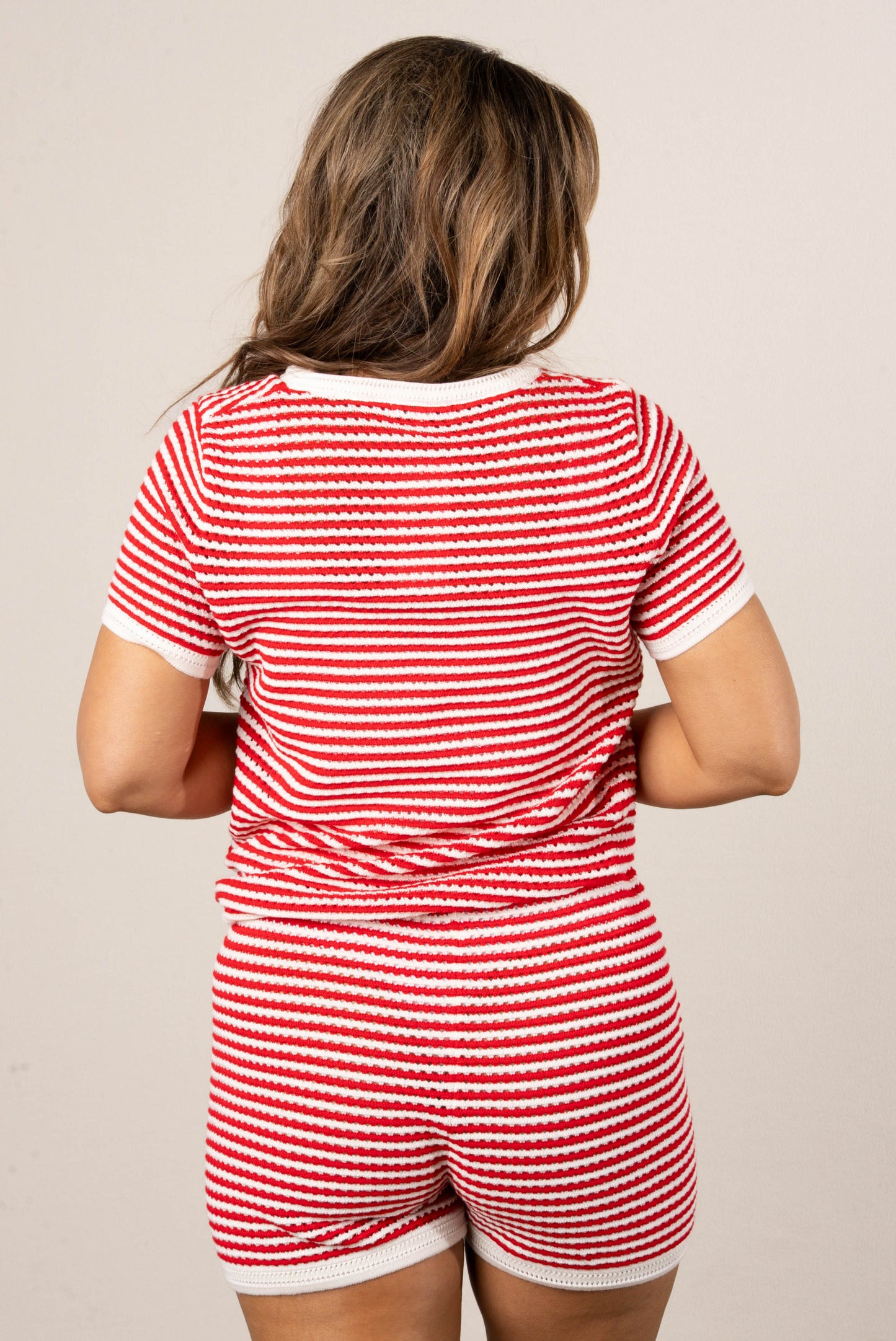 Striped Sweater Top + Shorts Set in Red