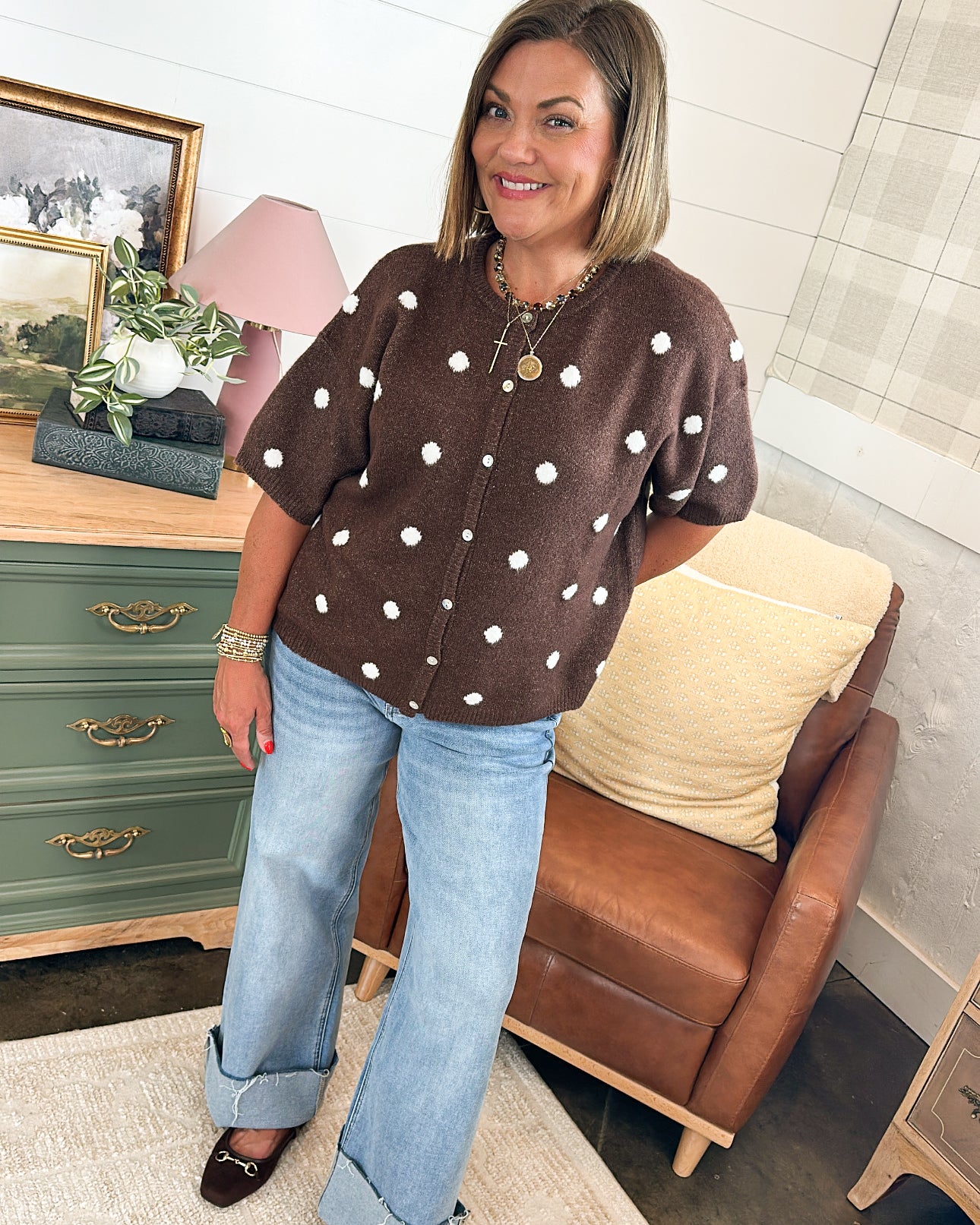 Espresso Dreams Polka Dot Sweater Cardigan