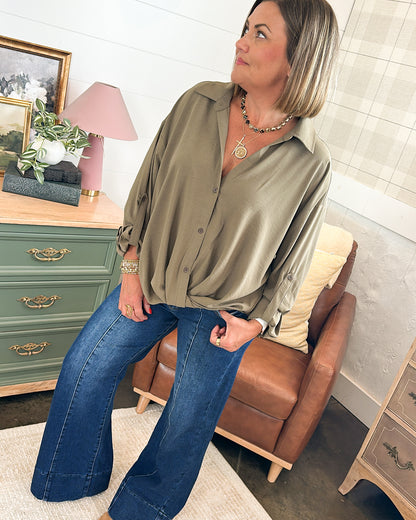 It's A Wrap Gathered Waist Tab Sleeve Blouse