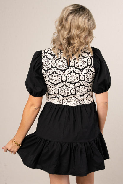 Crocheted Bodice Puff Sleeve Dress