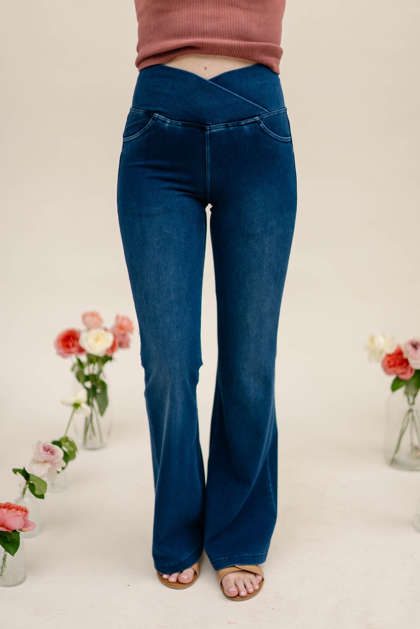 Pull-On High Crossover Waist Flare Jeans *Final Sale*