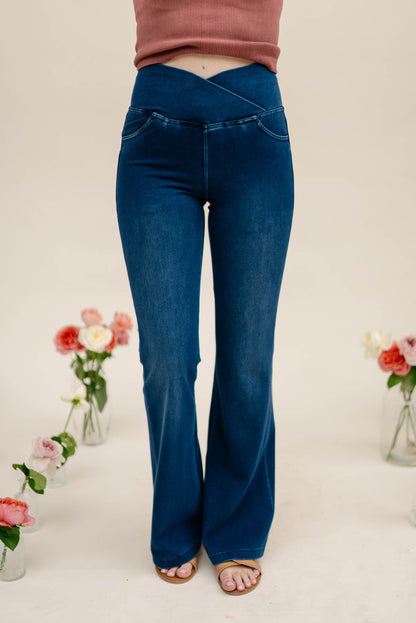 Pull-On High Crossover Waist Flare Jeans *Final Sale*