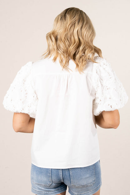 Eyelet Sleeve Stand Collar Top