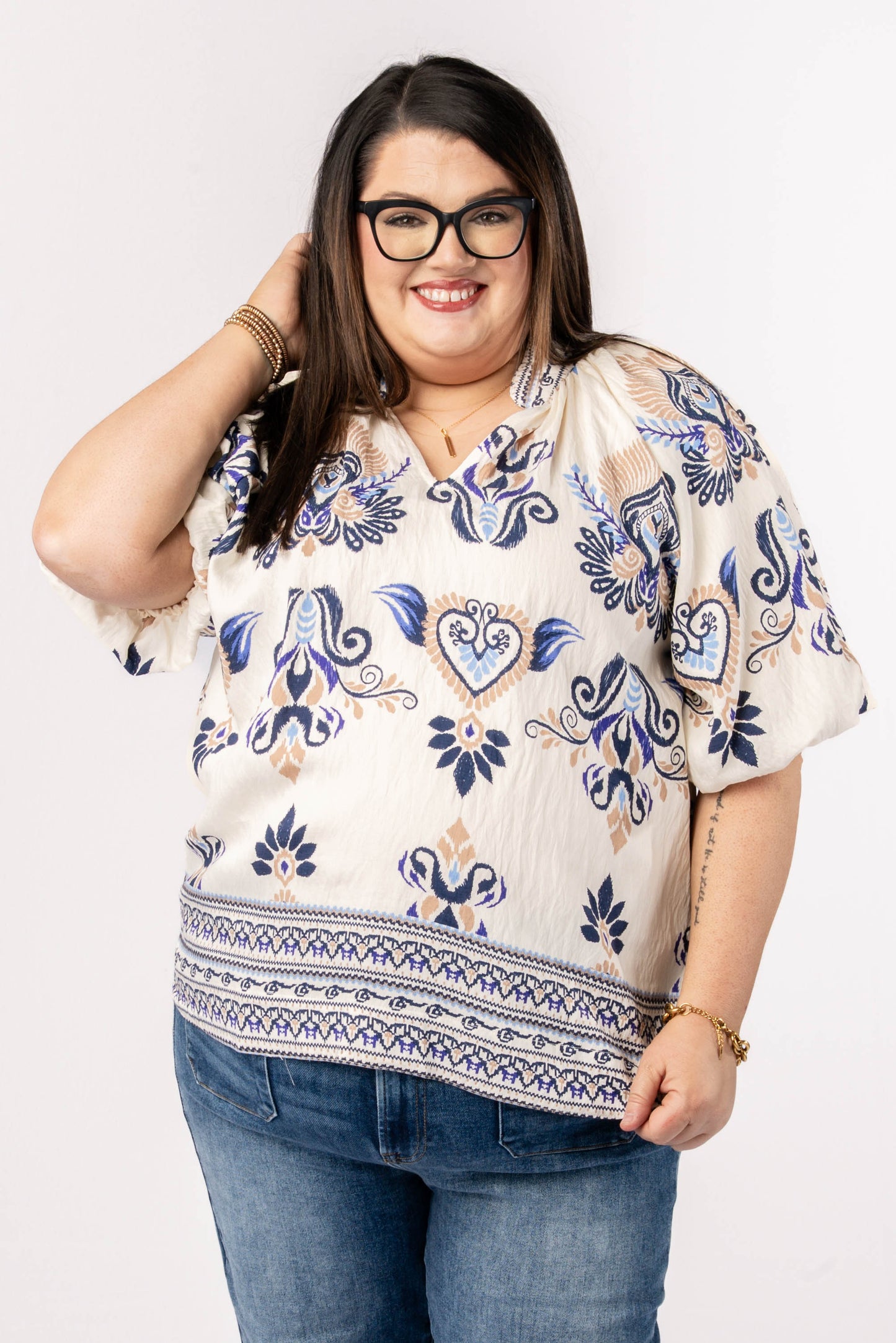 Mixed Print Stand Collar Blouse