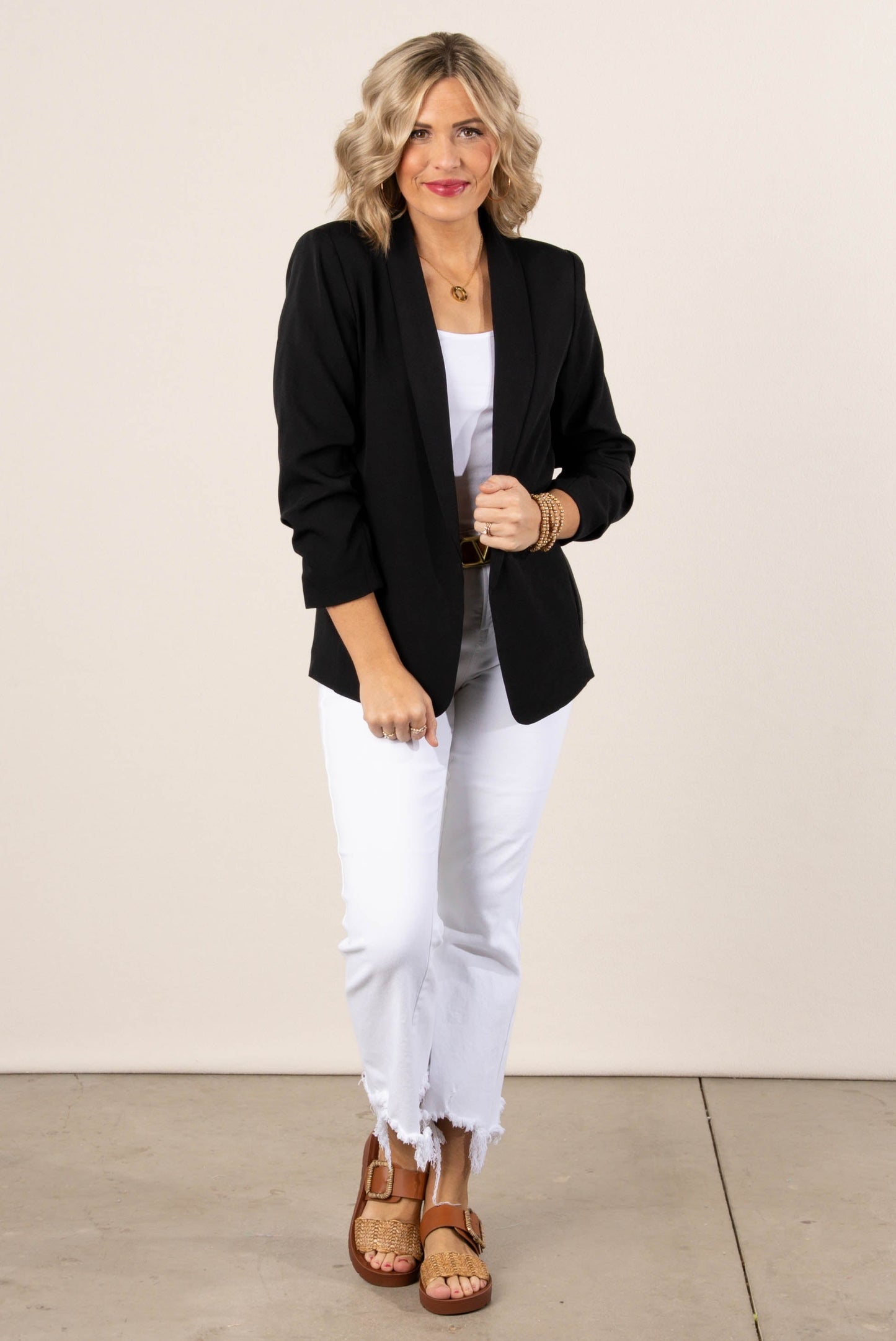 Open Front Ruched Sleeve Blazer