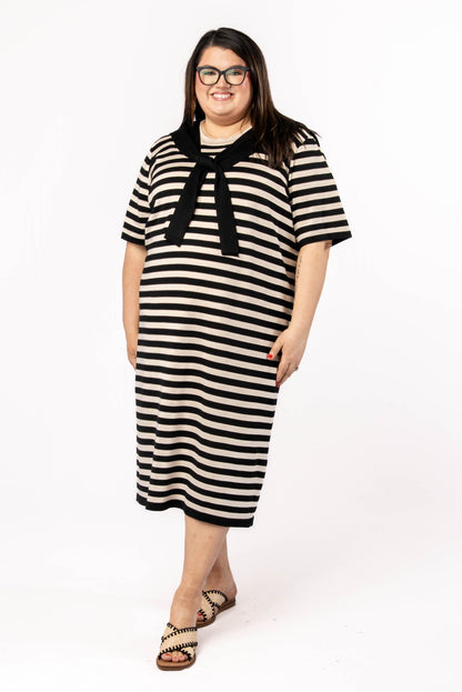 sailor midi dress Women's Sailor A-line Cap Sleeved Ribbed Cotton Midi Dress S/M/L/XL Black/White MEAN BLVD Black / S