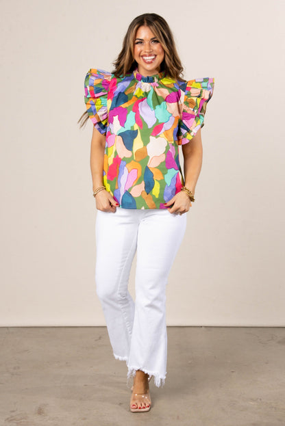 Abstract Ruffle Shoulder Top