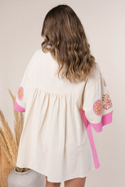 Boho Embroidered Babydoll Dress Fuchsia