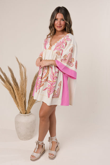 Boho Embroidered Babydoll Dress Fuchsia