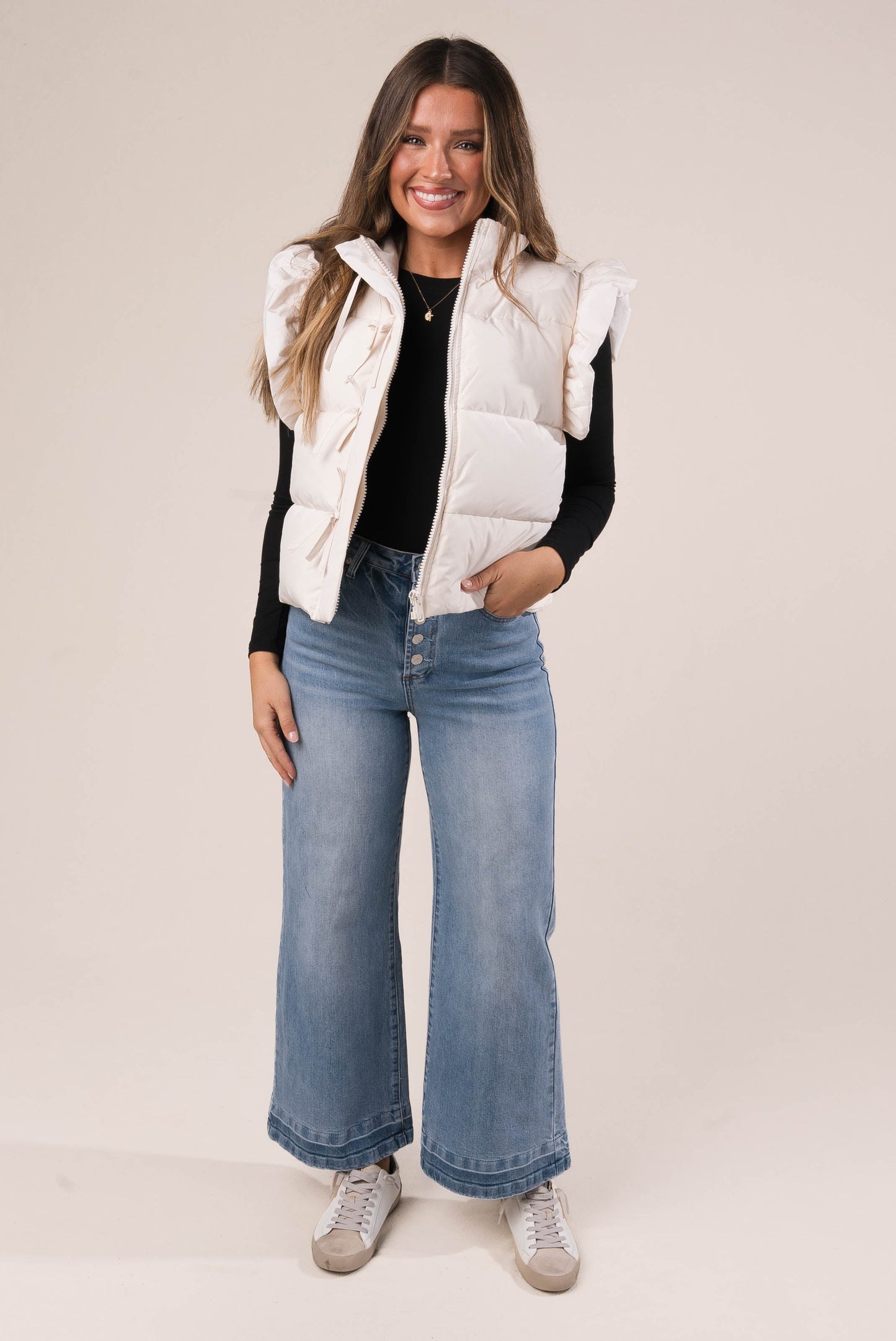 Ruffle Shoulder Bow Tie Puffer Vest *Final Sale*