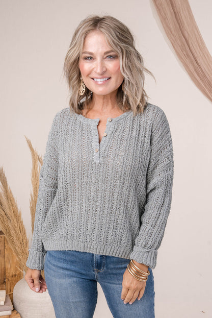 Open Knit Cropped Henley Sweater