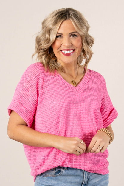 Waffle Knit Cuffed Sleeve Top