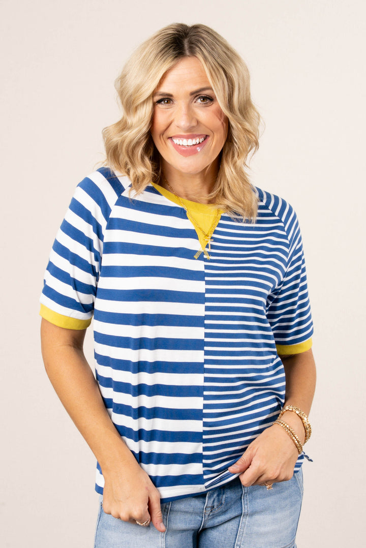 Striped Block Contrast Trim Top