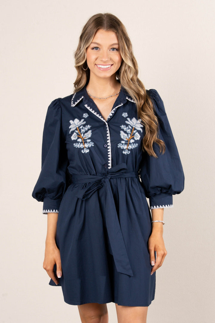 Floral Embroidered Belted Dress Navy