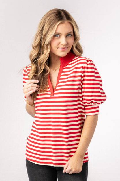 Striped Puff Sleeve Polo Top