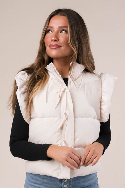 Ruffle Shoulder Bow Tie Puffer Vest *Final Sale*