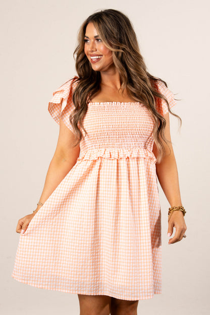 Gingham Smocked Flutter Sleeve Dress