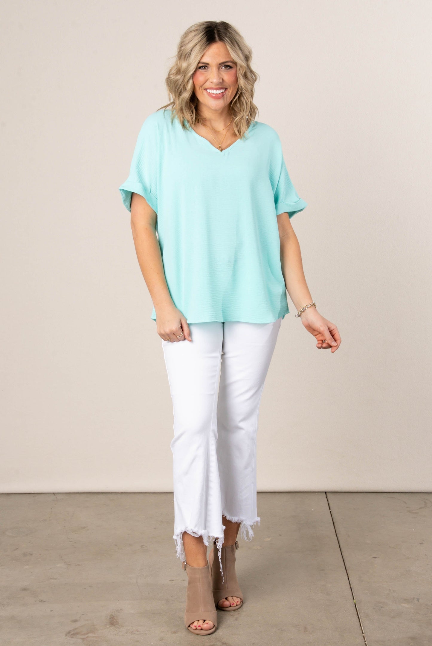 Crinkle Cuffed Sleeve Dolman Blouses