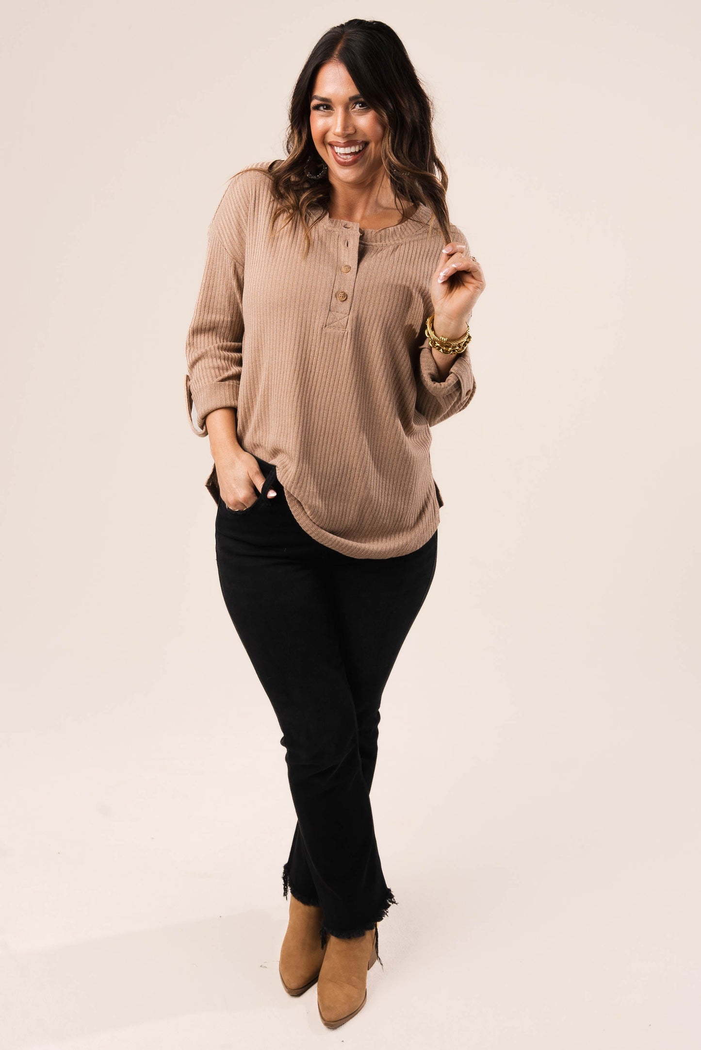 Ribbed Tab Sleeve Henley Top