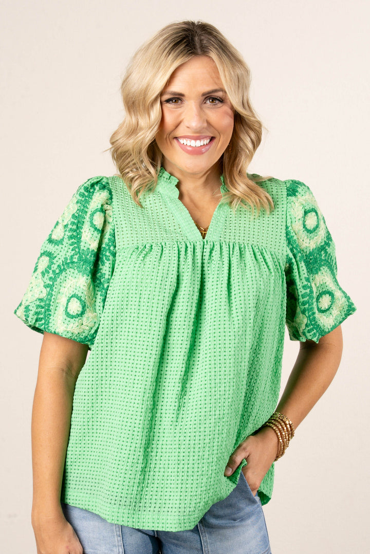 Seersucker Embroidered Sleeve Top