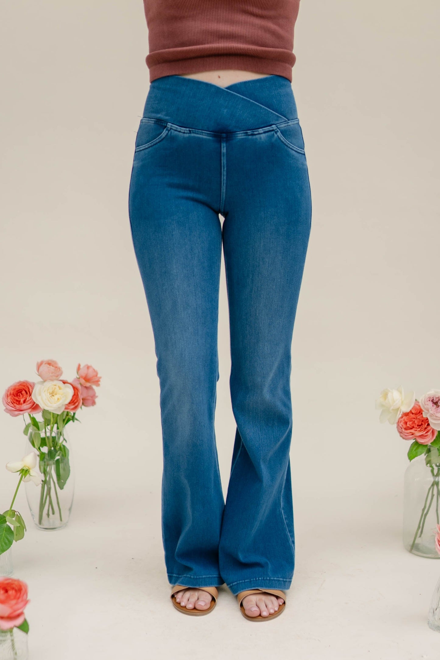 Pull-On High Crossover Waist Flare Jeans *Final Sale*