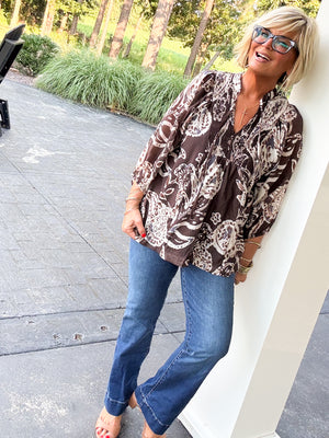 Southern Sass Paisley Smocked Tie Neck Blouse
