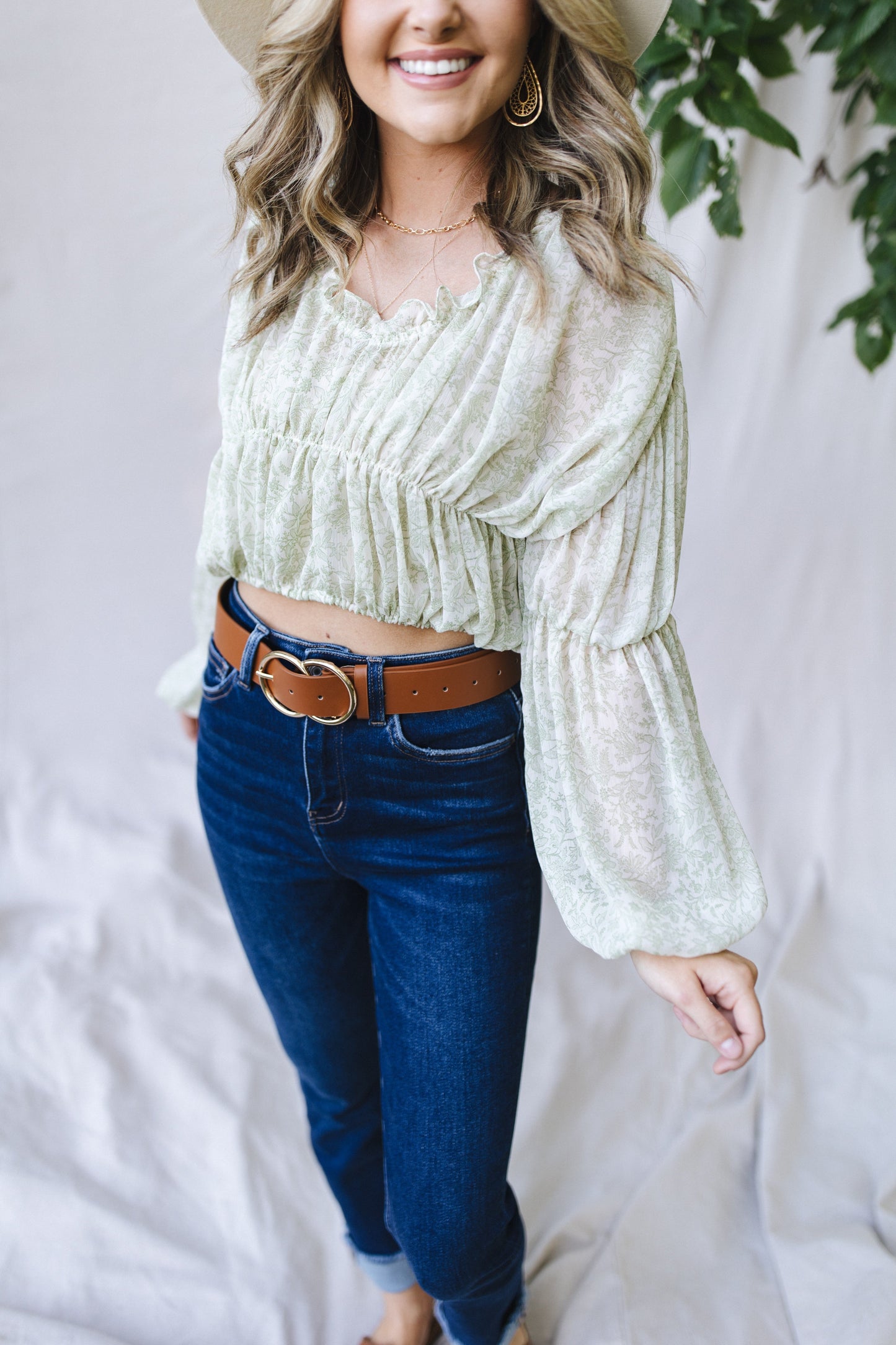 sku29788 | Floral Ruched Ruffle Neck Blouse *Final Sale*