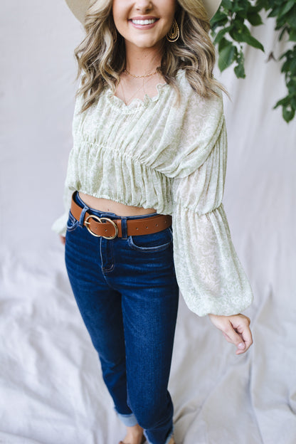 sku29788 | Floral Ruched Ruffle Neck Blouse *Final Sale*