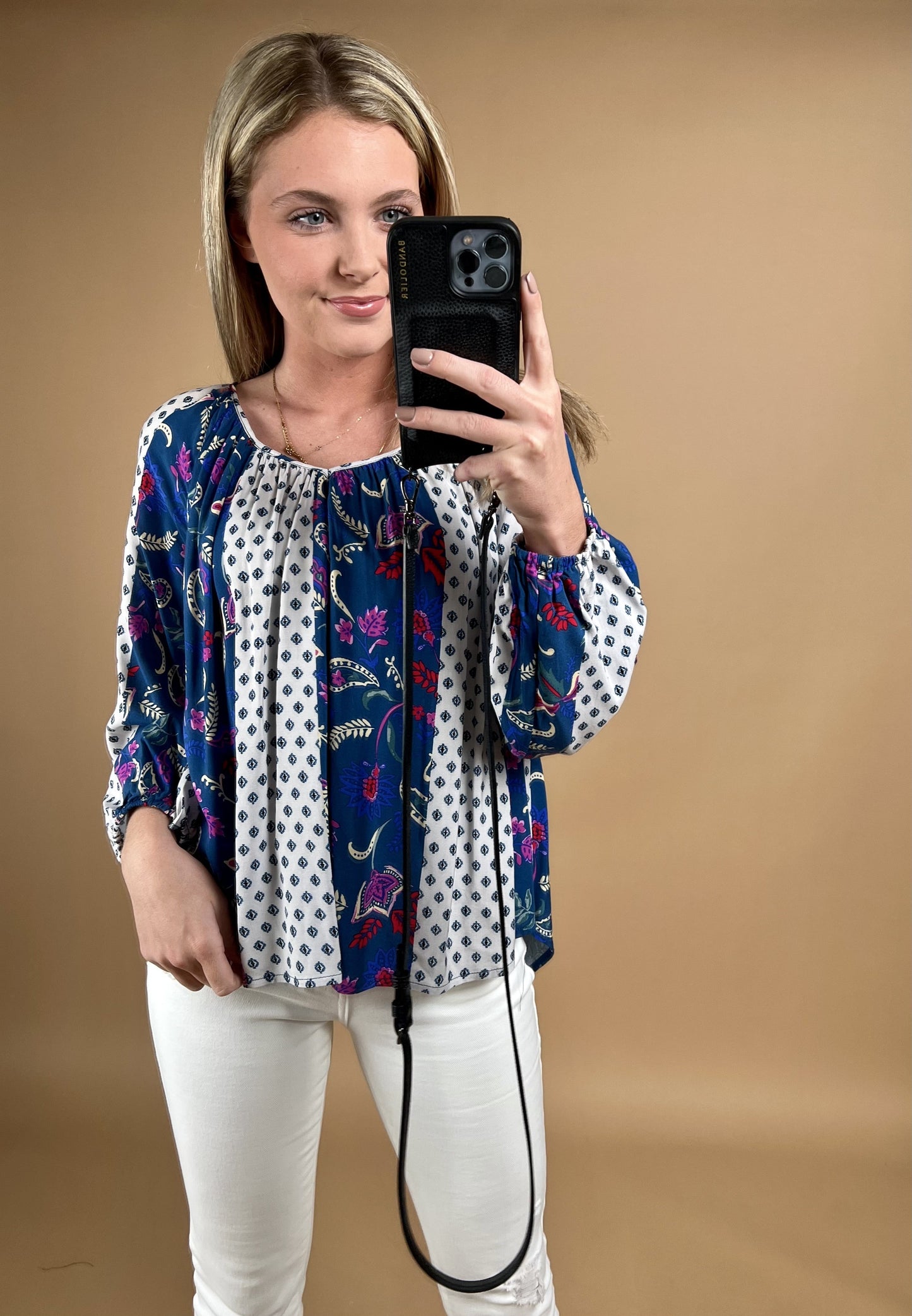 sku33194 | Mixed Border Print Tie Back Blouse *Final Sale*