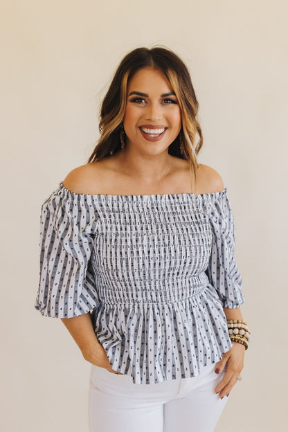 sku29481 | Stripe Swiss Dot Smocked Peplum Top