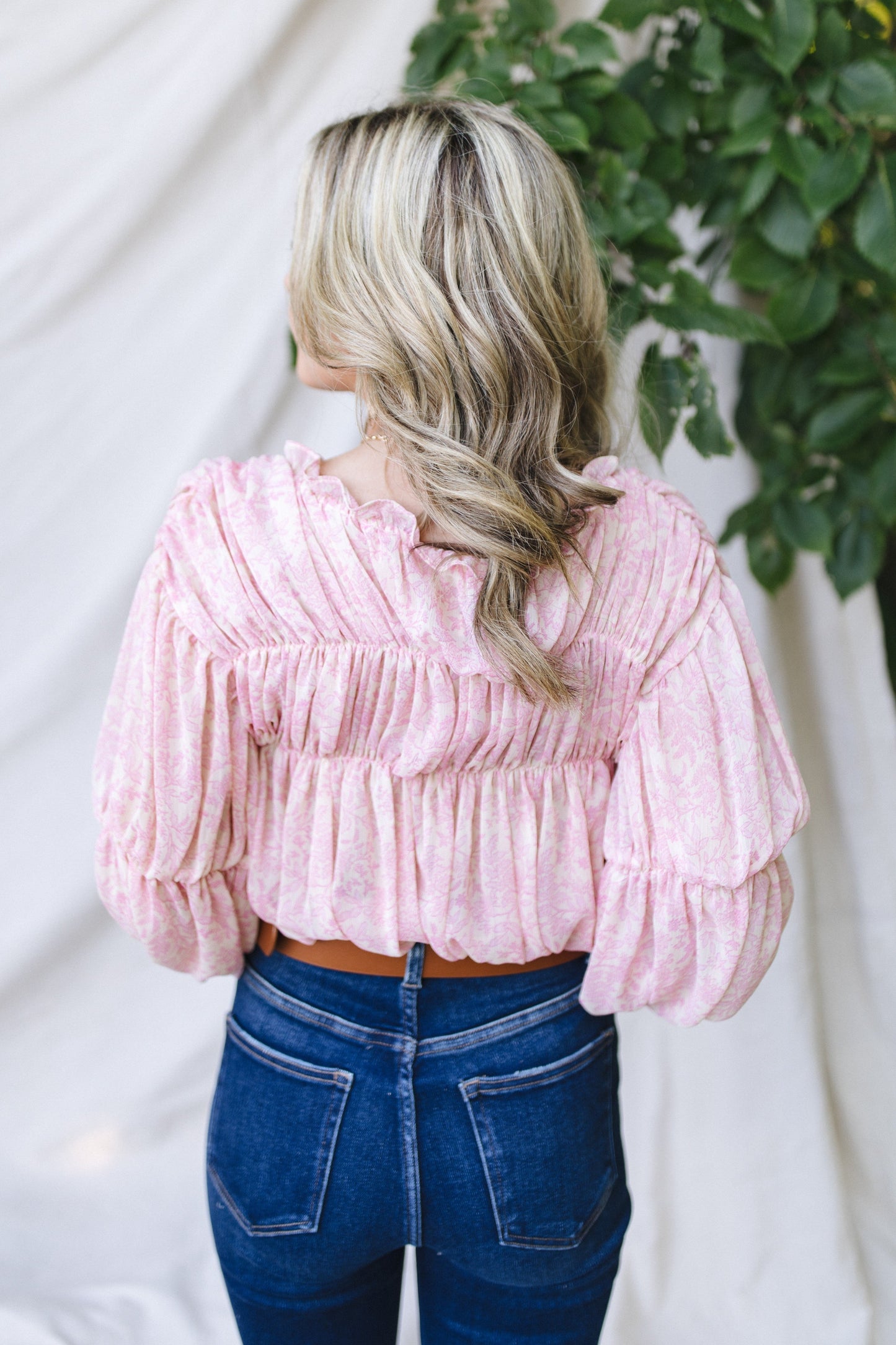 sku29788 | Floral Ruched Ruffle Neck Blouse *Final Sale*
