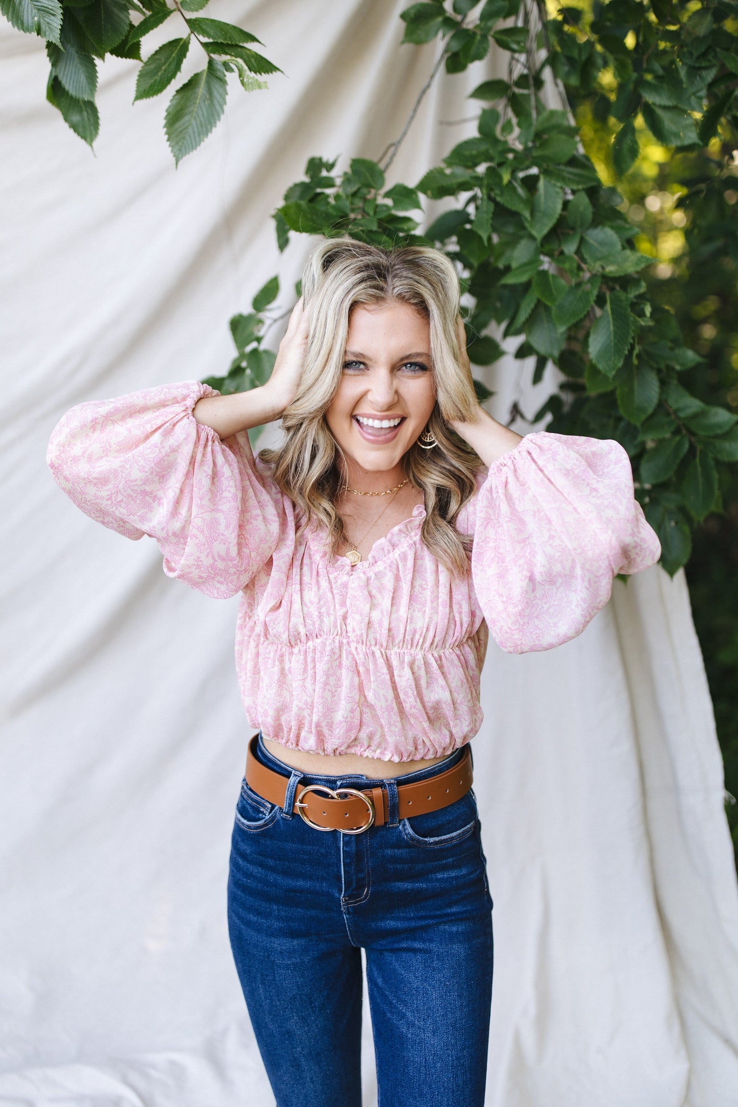 sku29788 | Floral Ruched Ruffle Neck Blouse *Final Sale*