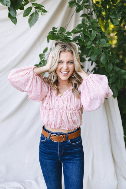 sku29788 | Floral Ruched Ruffle Neck Blouse *Final Sale*