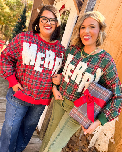 Merry Applique Plaid Hi-Lo Pullover
