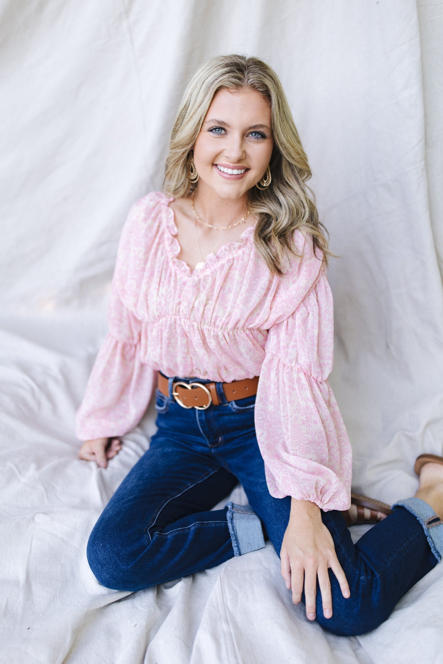 sku29788 | Floral Ruched Ruffle Neck Blouse *Final Sale*