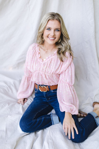 sku29788 | Floral Ruched Ruffle Neck Blouse *Final Sale*